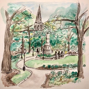 May include: A watercolor painting of a park scene with a tall, pointed steeple building in the background, a stone monument in the center, and a winding path leading to the monument. The trees are green and the sky is blue.