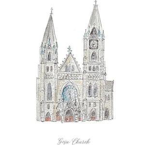 May include: A black and white line drawing of Gesu Church in Milwaukee, Wisconsin. The church has two tall towers with pointed roofs and a large stained glass window.