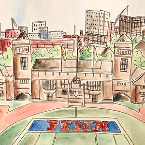May include: A watercolor painting of a football stadium with the word "Penn" on the field. The stadium is surrounded by buildings and trees.