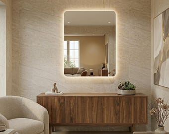 Large Backlit LED Mirror – Rectangular Soft Edge Wall Art, Modern Minimalist Home Decor