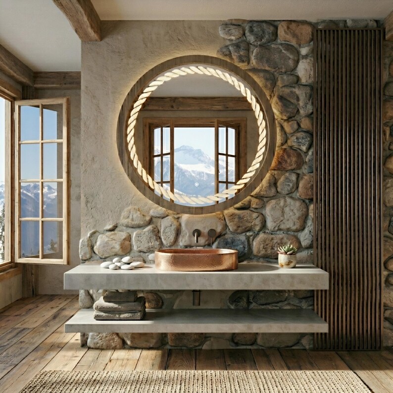 Round Wooden Mirror With Rope Light, Backlit LED Vanity Wall Mirror - Etsy
