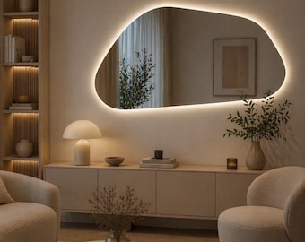 Espejo de pared asimétrico e irregular con retroiluminación LED, espejo estético moderno con forma de guijarro, espejo retroiluminado de forma orgánica para tocador de baño.