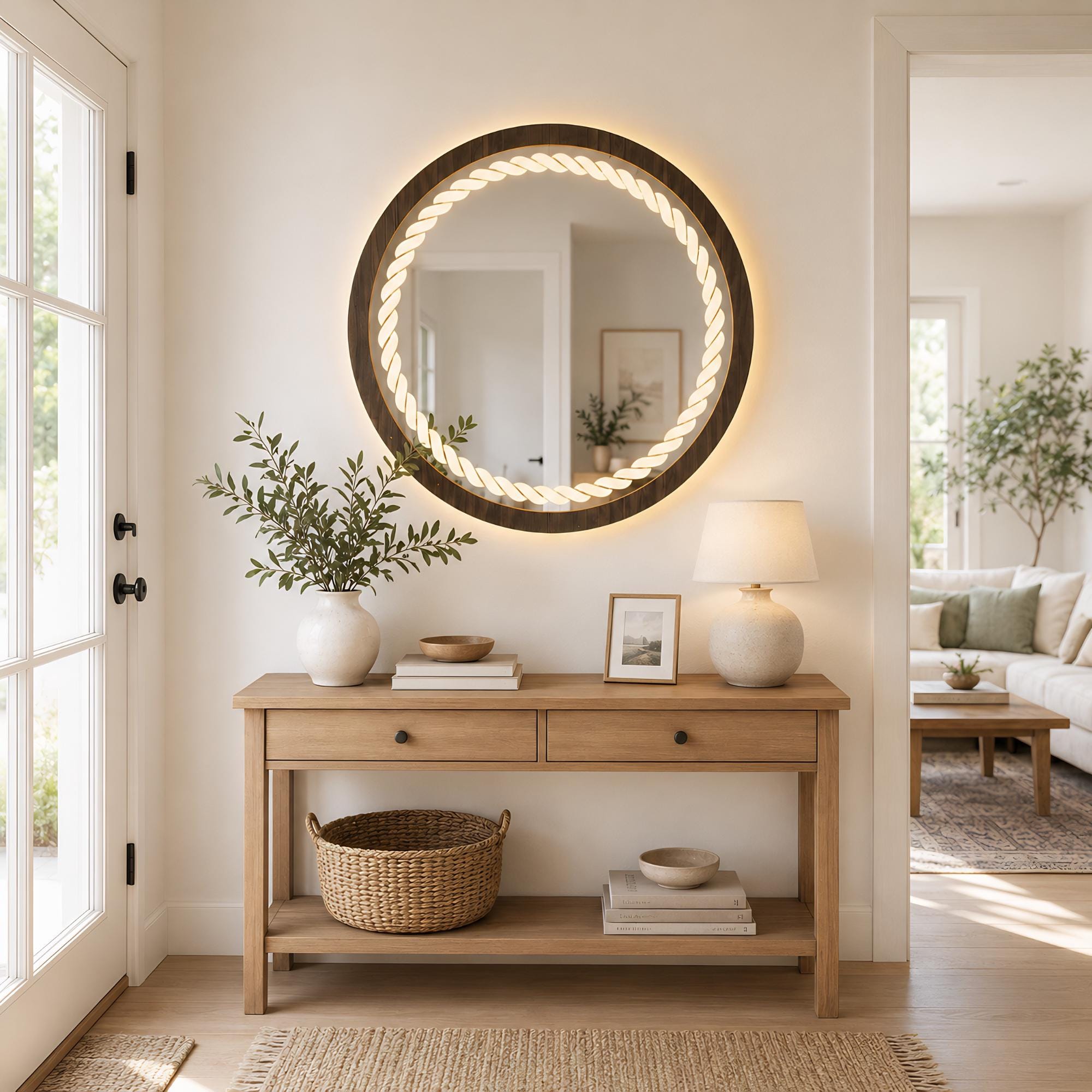 Round Wooden Mirror With Rope Light, Backlit LED Vanity Wall Mirror - Etsy