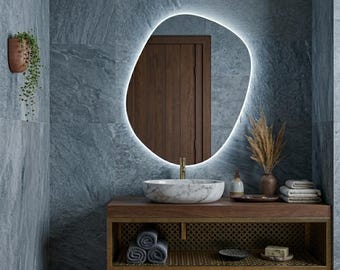 Irregular LED Mirror, Organic Pebble Bathroom Wall Decor, Modern Scandinavian Style