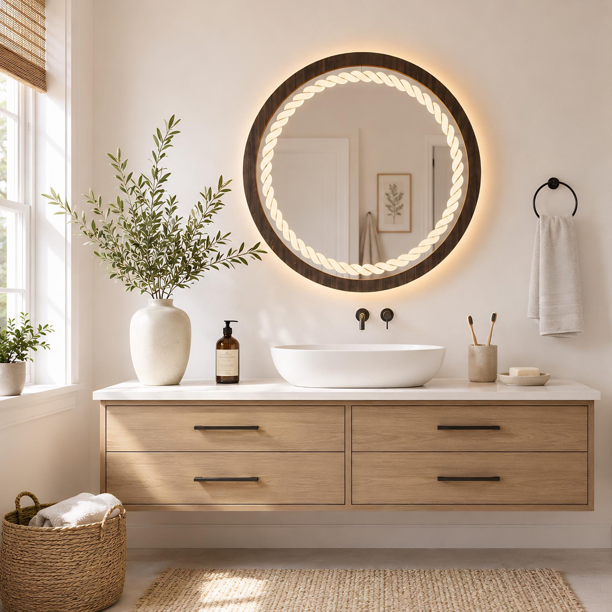 Round Wooden Mirror With Rope Light, Backlit LED Vanity Wall Mirror - Etsy