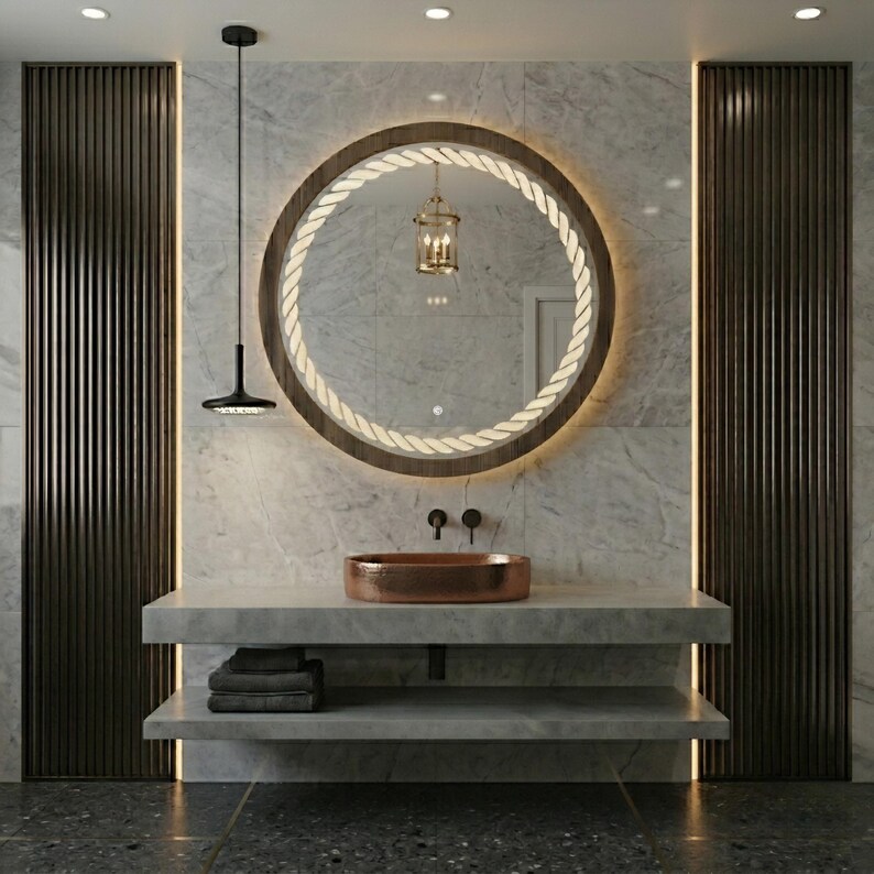 Round Wooden Mirror With Rope Light, Backlit LED Vanity Wall Mirror - Etsy