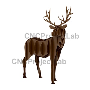 Può includere: Una scultura di cervo in legno marrone tagliata al laser. Il cervo ha un design dettagliato con un corpo a strati e grandi corna. La scultura è su sfondo bianco. Il testo "CNCPro Lab" e "CN Project Lab" sono visibili.