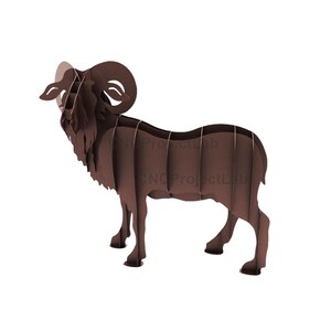 May include: A brown ram sculpture constructed from interlocking flat panels, featuring a detailed head with curved horns and a textured mane. The body is composed of vertical segments, and the text CNCProjectLab is visible on the side.