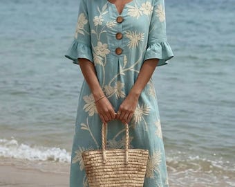 Boho Blumen Midi Kleid | V-Ausschnitt Rüschen Ärmel Sommer Resort Wear