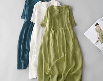 Midiklänning i linnestil - Lös veckad sommarklänning för kvinnor - Japanskinspirerad tunika - Boho retro klänning i bomullslook, mjuk, böljande, överdimensionerad passform
