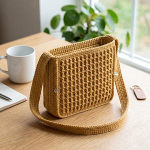 Può includere: Borsa all'uncinetto giallo senape di forma rettangolare con una lunga tracolla. La borsa presenta un motivo a trama aperta e strutturata ed è fissata con spilli metallici. La borsa è su una superficie di legno chiaro.