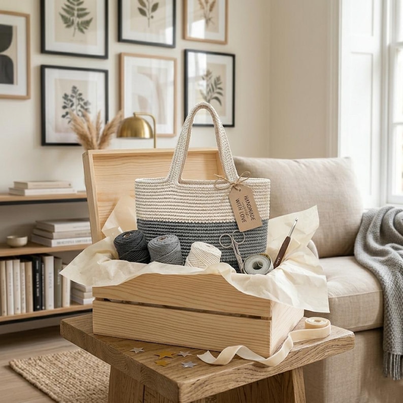 May include: A handmade crochet tote bag with a beige and gray striped design, sitting inside a wooden crate. The crate contains yarn, scissors, and a crochet hook. A tag reads "Handmade with Love."
