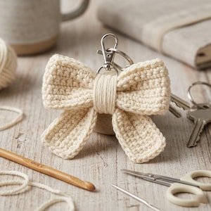 Puede incluir: Llavero de lazo tejido a ganchillo de color crema, con cierre y anilla plateados. El lazo está hecho de hilo texturizado y tiene un diseño simétrico. Un ganchillo de madera, tijeras y llaves están en el fondo.