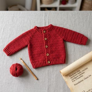 May include: A red, crocheted baby cardigan sweater with wooden buttons. A ball of red yarn and a crochet hook are next to the sweater. The text on the paper reads "Kindness Day newborn baby crochet cardigan sweater 0 to 3 months."