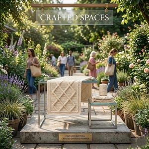 K&ouml;nnte beinhalten: Beiger geh&auml;kelter Tischl&auml;ufer mit Rautenmuster, ausgestellt auf einem Glastisch mit passendem Beistelltisch. Der Text "CRAFTED SPACES" befindet sich &uuml;ber dem Tisch. Der Text "CROSSED DIAMOND RUNNER" steht darunter. Menschen gehen im Garten spazieren.