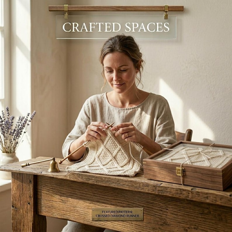 K&ouml;nnte beinhalten: Eine Frau strickt ein cremefarbenes Rautenmuster auf einem Holztisch. Auf dem Tisch befinden sich auch eine Holzkiste mit einem &auml;hnlichen Design, eine kleine Messingglocke und ein Schild mit der Aufschrift &bdquo;CRAFTED SPACES&ldquo;. Eine Messingplatte tr&auml;gt die Aufschrift &bdquo;FEATURED PATTERN: CROSSED DIAMOND RUNNER&ldquo;.