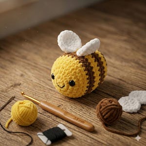 Puede incluir: Una abeja de ganchillo hecha a mano con rayas amarillas y marrones, alas blancas y ojos negros. Un ganchillo, una madeja de hilo amarillo, una madeja de hilo marrón y hilo negro están dispuestos alrededor de la abeja sobre una superficie de madera. El ganchillo es de 3,5 mm.