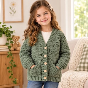 May include: A sage green long-sleeve crochet cardigan featuring a V-neckline, five light-colored buttons down the center, and two front patch pockets. The garment is constructed with a textured stitch pattern and ribbed cuffs and hem.