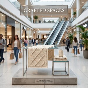 K&ouml;nnte beinhalten: In einem Einkaufszentrum wird ein cremefarbener, diamantgemusterter Strickl&auml;ufer und eine passende gefaltete Decke pr&auml;sentiert. Eine Garnrolle und ein Schild mit der Aufschrift &bdquo;Crafted Spaces&ldquo; sind ebenfalls zu sehen. Das vorgestellte Muster ist der &bdquo;Crossed Diamond Runner&ldquo;.