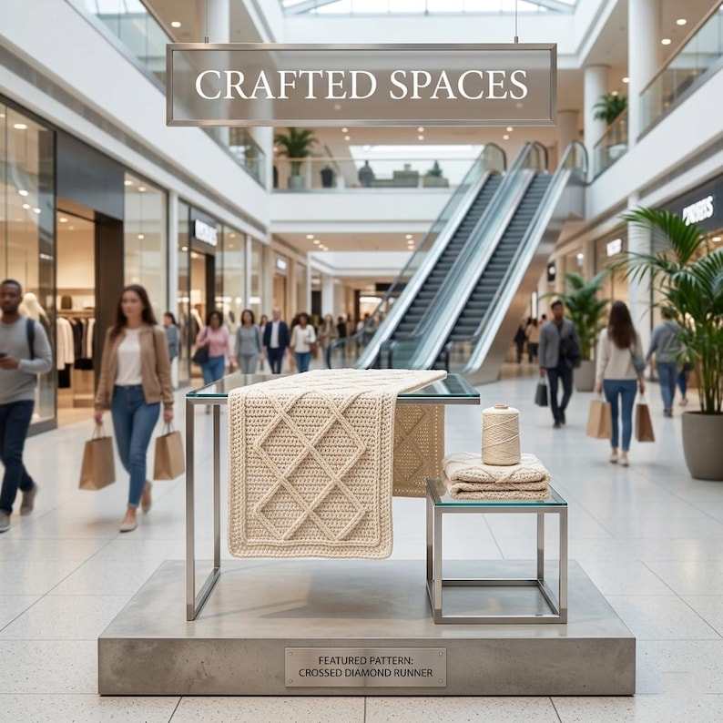 K&ouml;nnte beinhalten: In einem Einkaufszentrum wird ein cremefarbener, diamantgemusterter Strickl&auml;ufer und eine passende gefaltete Decke pr&auml;sentiert. Eine Garnrolle und ein Schild mit der Aufschrift &bdquo;Crafted Spaces&ldquo; sind ebenfalls zu sehen. Das vorgestellte Muster ist der &bdquo;Crossed Diamond Runner&ldquo;.