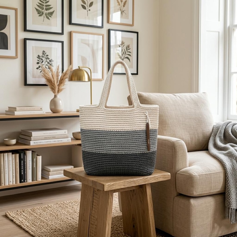 May include: A striped tote bag in cream, gray, and dark gray sits on a wooden stool. The bag has two handles and a leather-like tag. The interior is not visible. The bag is made of a woven material.