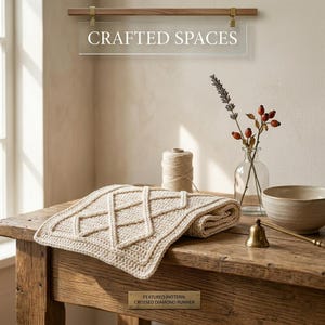 K&ouml;nnte beinhalten: Ein beigefarbener, handgestrickter L&auml;ufer mit Rautenmuster liegt auf einem Holztisch. Ein Glasschild dar&uuml;ber zeigt "CRAFTED SPACES". Eine kleine Vase mit Blumen, eine Schale und eine Glocke stehen ebenfalls auf dem Tisch. Das Schild unten lautet "FEATURED PATTERN: CROSSED DIAMOND RUNNER."