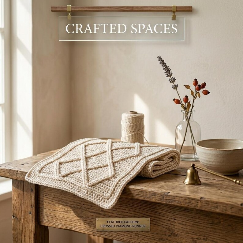 K&ouml;nnte beinhalten: Ein beigefarbener, handgestrickter L&auml;ufer mit Rautenmuster liegt auf einem Holztisch. Ein Glasschild dar&uuml;ber zeigt "CRAFTED SPACES". Eine kleine Vase mit Blumen, eine Schale und eine Glocke stehen ebenfalls auf dem Tisch. Das Schild unten lautet "FEATURED PATTERN: CROSSED DIAMOND RUNNER."