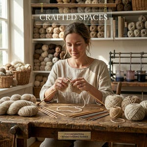 K&ouml;nnte beinhalten: Eine Frau strickt mit Holzstricknadeln und Garn an einem Holztisch. Der Text "CRAFTED SPACES" befindet sich &uuml;ber ihr. Regale im Hintergrund sind mit Garn gef&uuml;llt. Das vorgestellte Muster ist "CROSSED DIAMOND RUNNER".