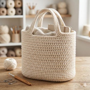 May include: A cream-coloured, cylindrical crochet basket with two integrated handles. The basket contains a light beige fabric liner and a small notebook. A ball of yarn, a wooden crochet hook, and two metal stitch markers sit nearby.