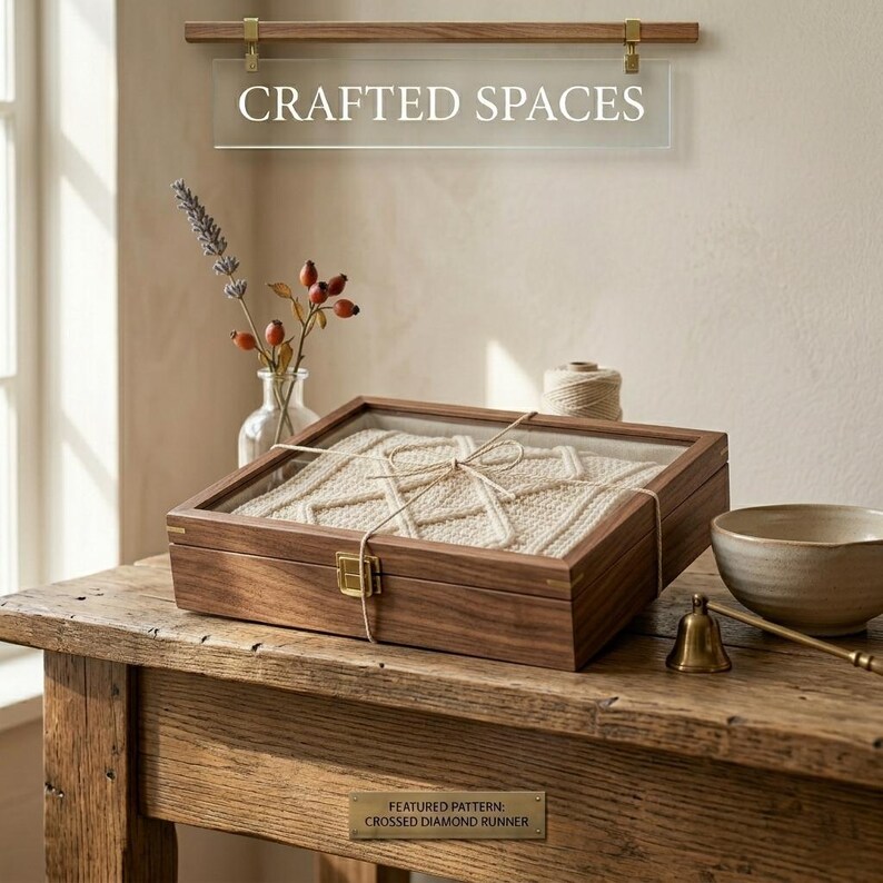 K&ouml;nnte beinhalten: Eine Holzvitrine mit Glasplatte zeigt ein cremefarbenes Stricktextil mit Rautenmuster. Die Box ist mit Bindfaden verschn&uuml;rt und steht auf einem rustikalen Holztisch. Der Text "CRAFTED SPACES" wird oben angezeigt.