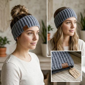 May include: A gray ribbed knit headband with a brown leather tag. The tag reads "lil things handmade creations". The headband is worn by a person with their hair up in a bun. The headband is a winter accessory.