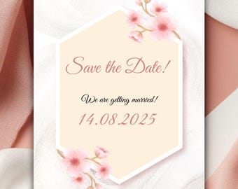 Modelo editável de convite "Save the Date" com estampa floral rosa | Anúncio de casamento com flores de cerejeira (para imprimir)