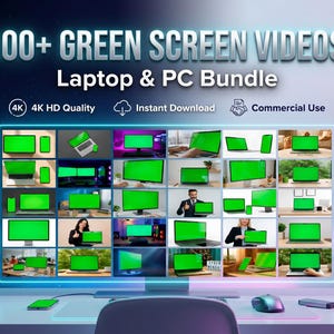 May include: A digital product advertisement featuring a collection of green screen videos for laptops and PCs. The image displays multiple screens with green backgrounds, along with text that reads "100+ GREEN SCREEN VIDEOS" and "Laptop & PC Bundle". Additional text includes "4K HD Quality", "Instant Download", and "Commercial Use".