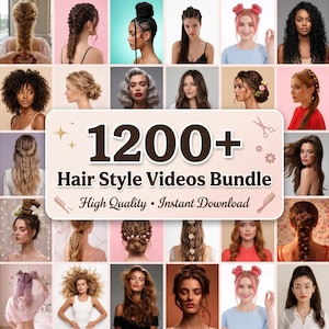 Puede incluir: Un collage de mujeres con varios peinados, incluyendo trenzas y moños. La imagen presenta el texto "1200+ Hair Style Videos Bundle" con las frases "High Quality" y "Instant Download". Las mujeres tienen diferentes colores y estilos de cabello.
