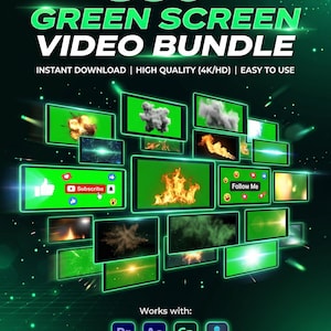 Op de afbeelding: Een promotieafbeelding voor een green screen videobundel. De afbeelding toont de tekst "850+ GREEN SCREEN VIDEO BUNDLE" in het groen, samen met verschillende videovoorbeelden. De afbeelding bevat ook de tekst "INSTANT DOWNLOAD | HIGH QUALITY (4K/HD) | EASY TO USE".