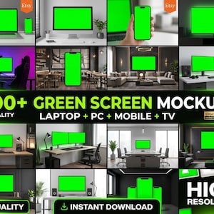 May include: A promotional image showcasing various digital mockups with green screens, including laptops, PCs, mobile phones, and TVs. The image features the text "1100+ GREEN SCREEN MOCKUPS" and "4K QUALITY". The Etsy logo is visible.