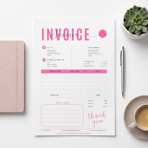 May include: A white invoice template featuring bold pink text that reads INVOICE and thank you. The document includes sections for bill to, payment information, description, unit price, quantity, total, subtotal, tax, and special notes with pink accents.