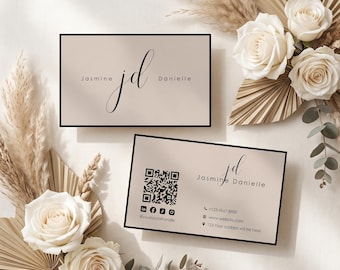 Plantilla minimalista beige para tarjeta de presentación en Canva / Tarjeta elegante para marca personal / Tarjeta de presentación digital con código QR / Plantilla moderna editable
