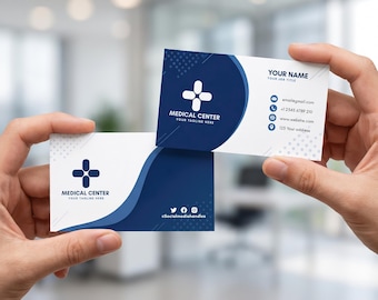 Modèle de carte de visite médicale modifiable avec code QR, modèle Canva de carte de visite pour médecin, modèle imprimable de carte de visite pour clinique ou hôpital
