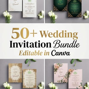 May include: A collection of wedding invitation designs in various styles, including green, gold, and pink. The text "50+ Wedding Invitation Bundle Editable in Canva" is displayed prominently. White flowers and greenery are arranged around the invitations.