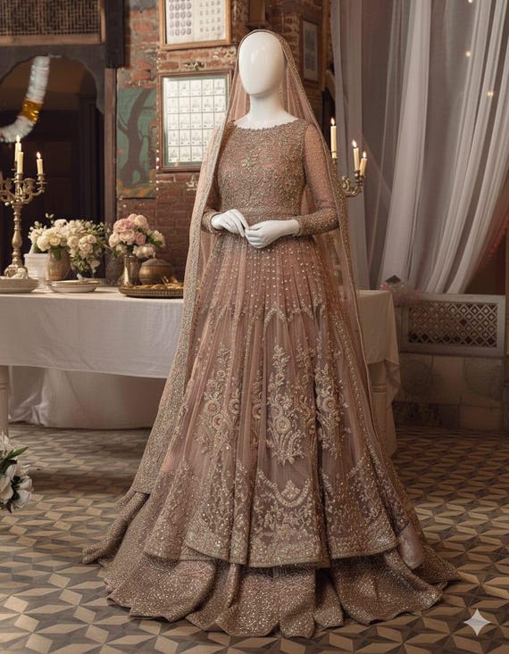 Champagne Gold Embroidered Modest Wedding dress | Gifts for Her | Bridal & Eid Luxury Wear