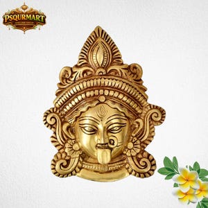 Brass Kali Maa Face Wall Hanging | Antique Indian Goddess Sculpture, Spiritual Decor