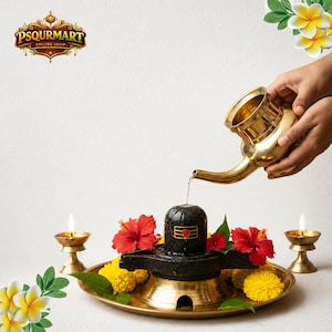 May include: A black stone Shiva Lingam sits on a brass tray, adorned with red hibiscus and yellow marigold flowers. A brass vessel pours water over the Lingam, flanked by two brass oil lamps. The PSQURMART ONLINE SHOP logo is in the corner.