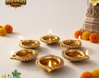 Set Dhan Kuber Diya in ottone/lampade a olio tradizionali indiane Puja (confezione da 6)