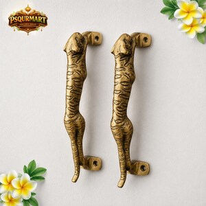 Juego de 2 tiradores de puerta de latón con diseño de tigre de 19 cm (7,5") / Tiradores rústicos con diseño de jaguar / Herrajes para puertas hechos a mano / Decoración vintage para el hogar / PSQURMART
