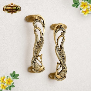 Brass Peacock Door Handle Pair, 7 Inch Antique Gold Pull Handles, Decorative Main Door Handle, Cabinet Hardware, Set of 2