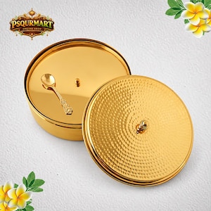 Handgefertigte Masala Dabba aus Messing, 7-teilige Gewürzbox mit Löffel (10 x 27 cm)
