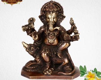 Brass Ganesha Idol Sitting on Mooshak, 8 Inch Pooja Home Temple Decor