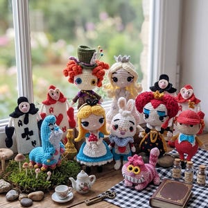 Puede incluir: Una colección de figuras de ganchillo que incluye una niña con vestido azul, un conejo, un gato, una reina, un sombrerero y cartas de juego. El set cuenta con accesorios en miniatura como una tetera, una taza, un libro y frascos con Drink Me.