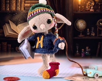 Magischer Hauselfe Häkelanleitung Amigurumi, Wizard World Spielzeug mit Kleidung als PDF, Spielzeugauto und Buch-Zubehör, Schritt-für-Schritt-Anleitung